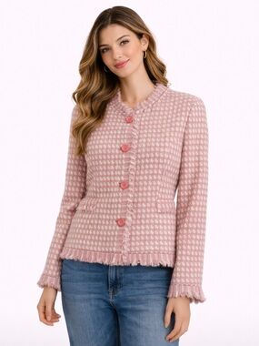 Pendleton Wool Jacket Pink Tweed Fringe Button Front Size 10 Vintage